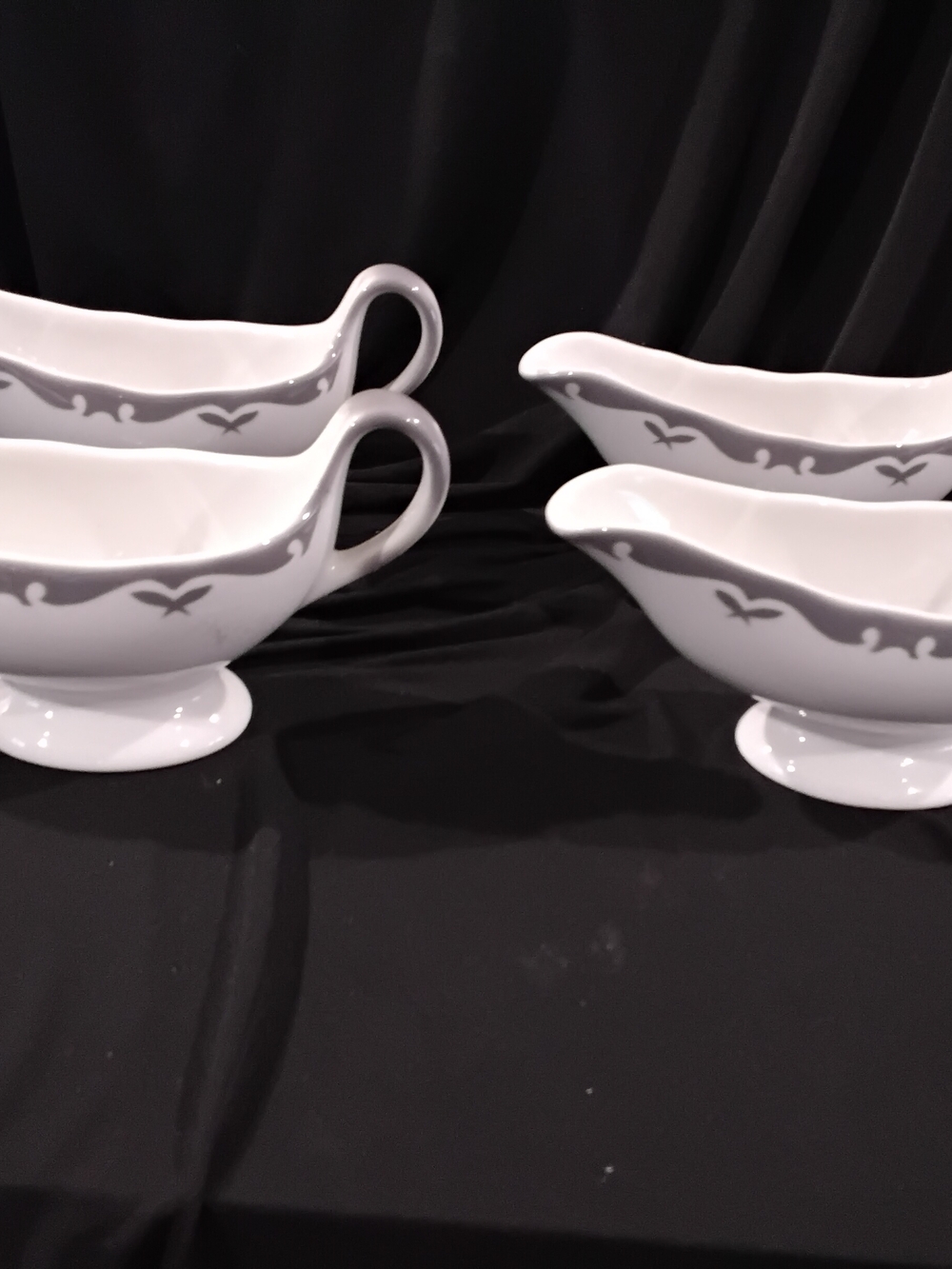 JACKSON  China White Ceramic Gravy Boats with Gray Scroll Accent - Set of 4